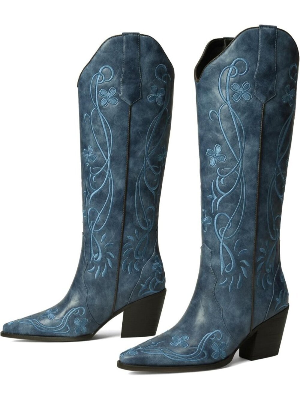 Women's Blue Pu Cowgirl Boot High Knee Vintage with Floral Embroidered Footwear - Picture 5 of 6